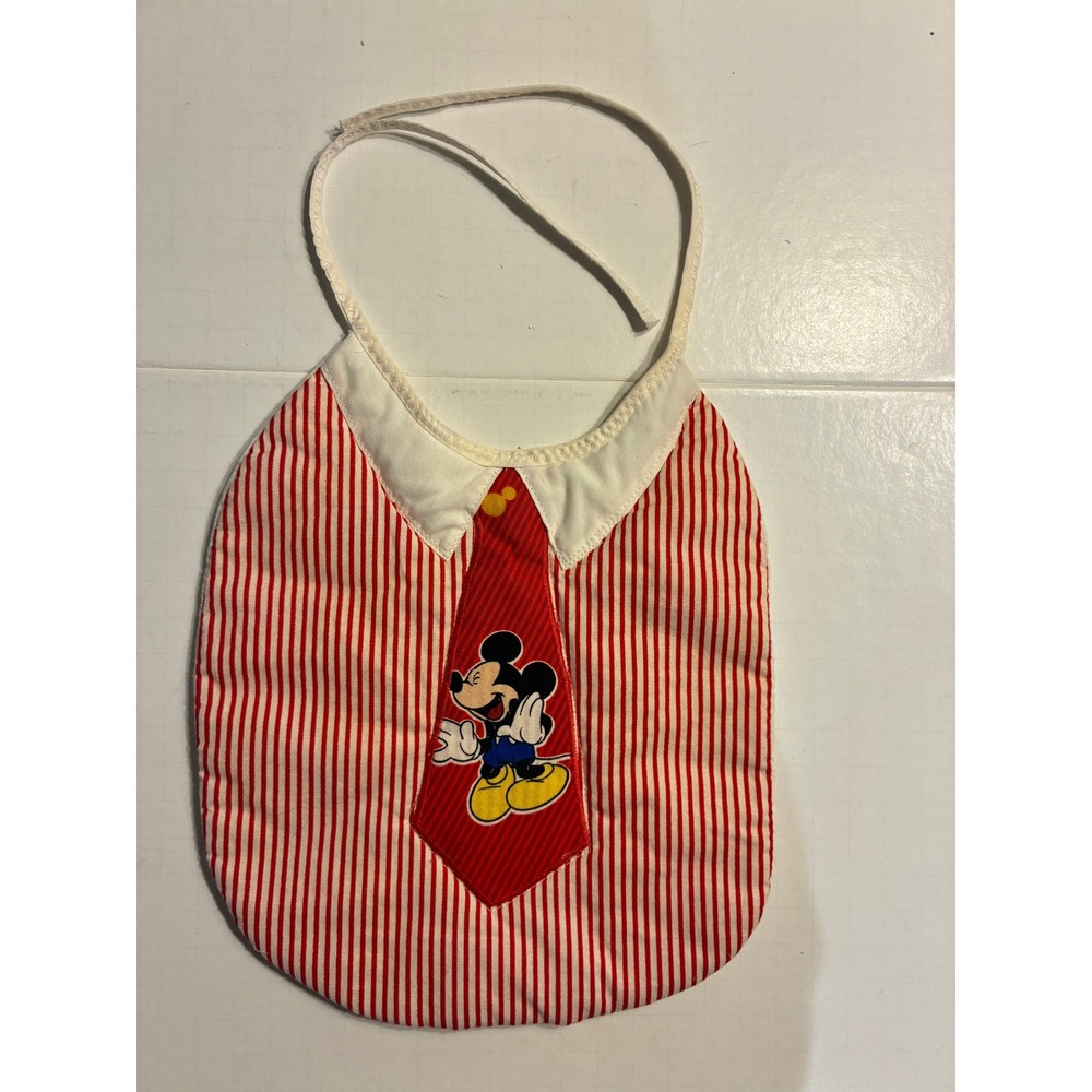 Vintage Disney Mickey Mouse Tuxedo Baby Bib Red White Striped Tie Graphic